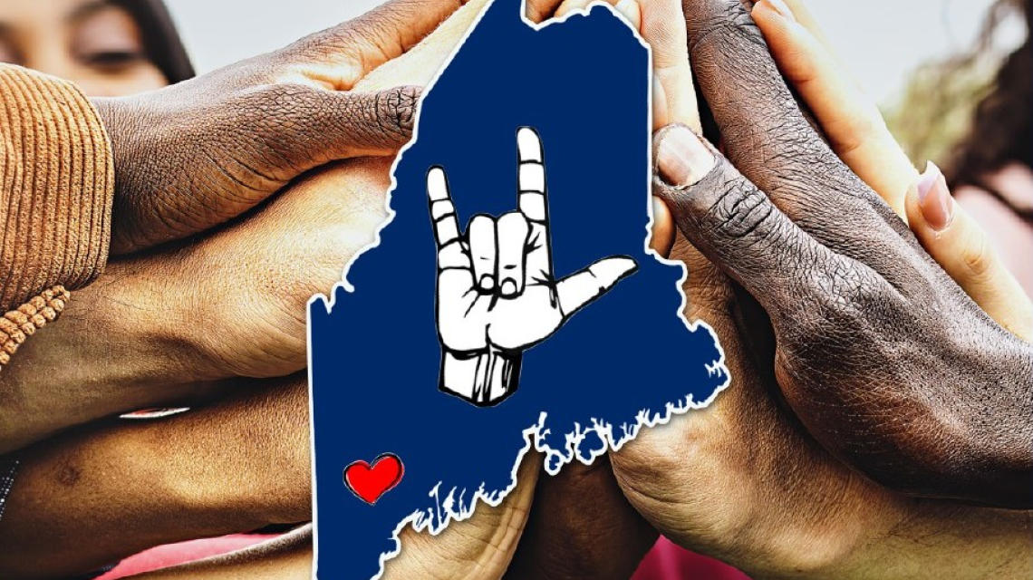 State of Maine with hands behind it