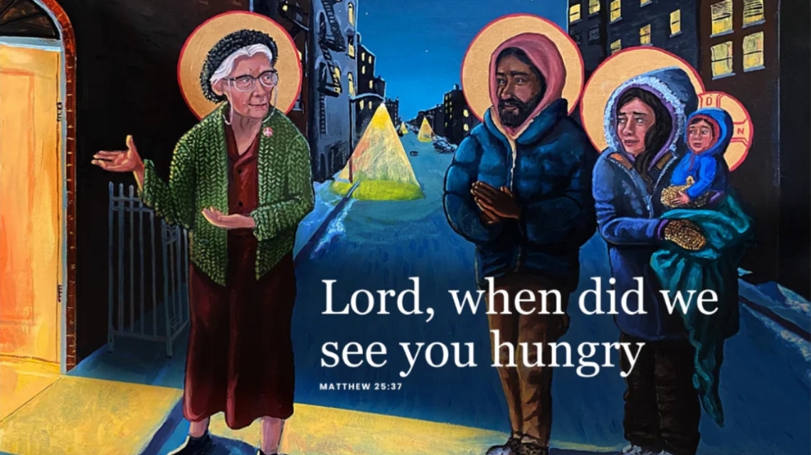 Image of Older Woman allowing a family in the door.