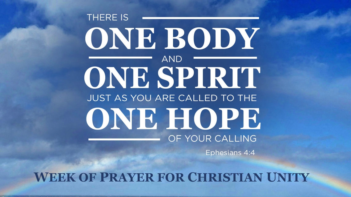 Sky with rainbow and words One Body, One Spirit, One Hope