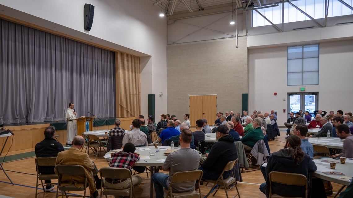 Fr. Sebastian White addresses the crowd at the Maine Catholic Men's Conference.