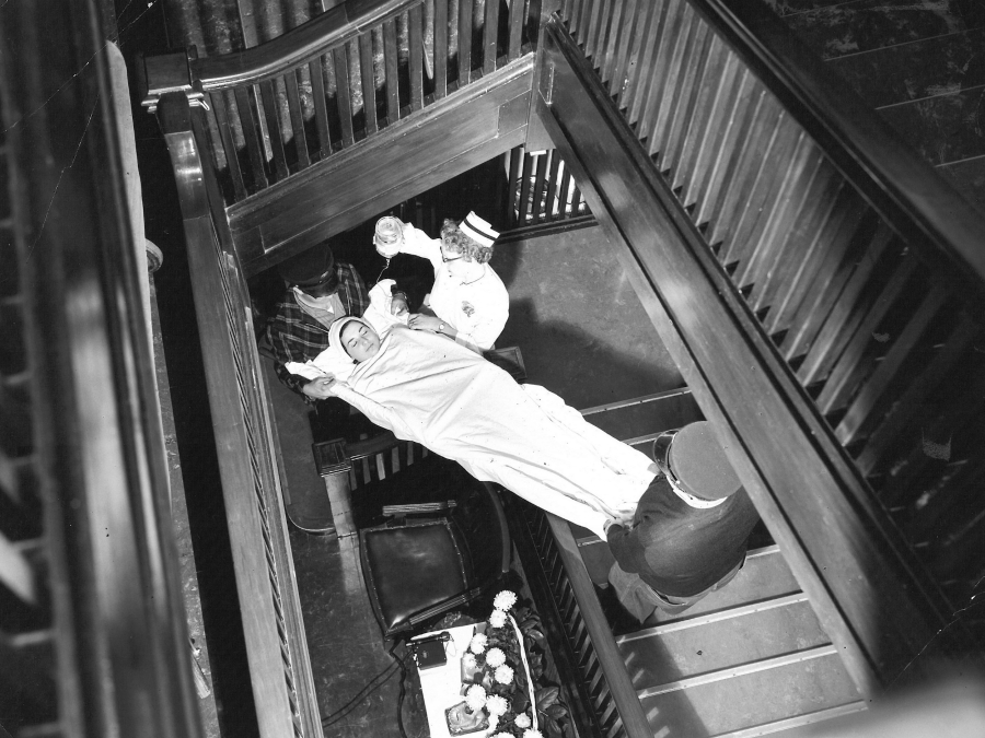 Lowering a patient to their room in the original St. Joseph Hospital.