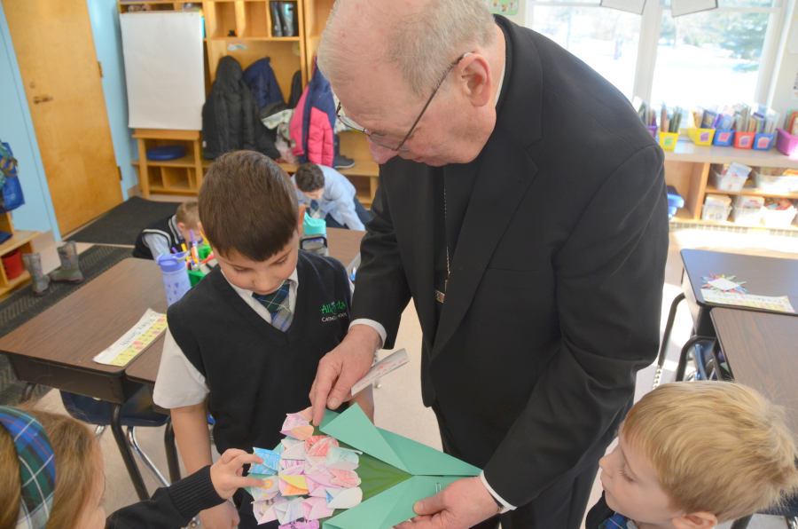 Bishop Deeley visits All Saints Catholic School in Bangor during Maine Catholic Schools Week. 