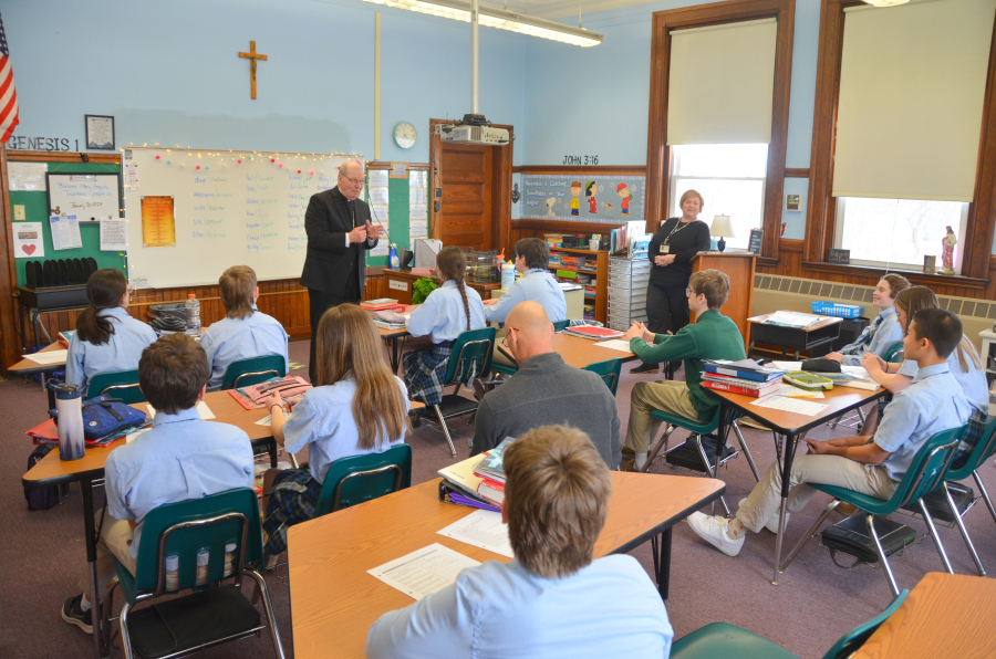 Bishop Deeley visits All Saints Catholic School in Bangor during Maine Catholic Schools Week. 