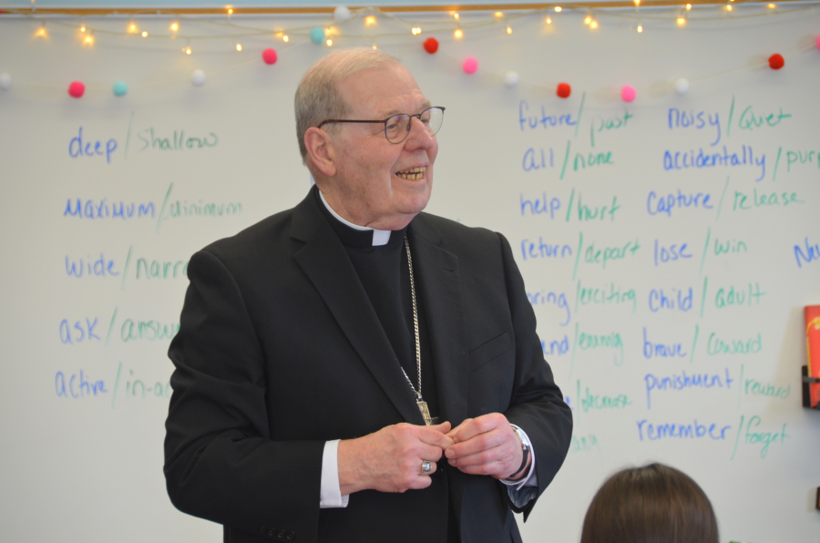 Bishop Deeley visits All Saints Catholic School in Bangor during Maine Catholic Schools Week. 