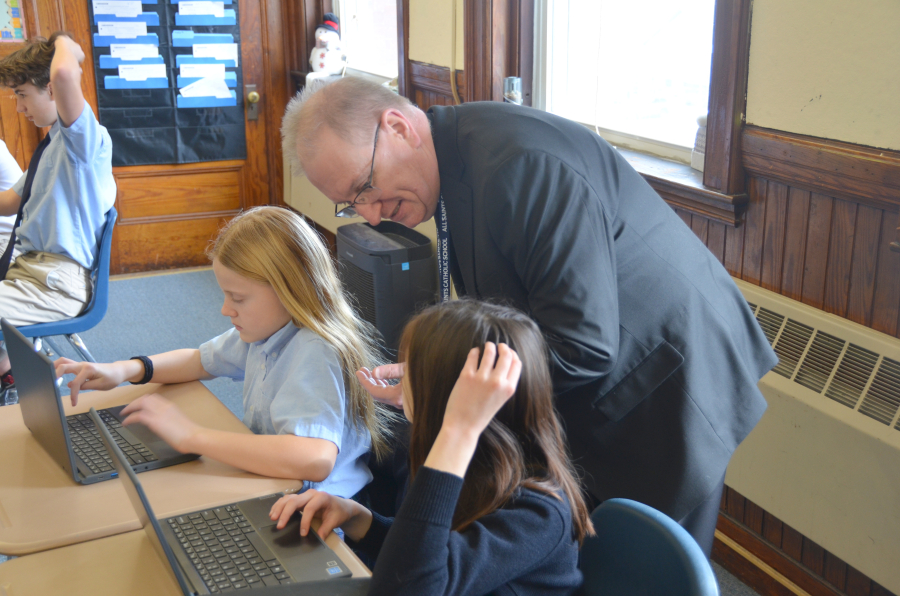 Bishop Deeley visits All Saints Catholic School in Bangor during Maine Catholic Schools Week. 