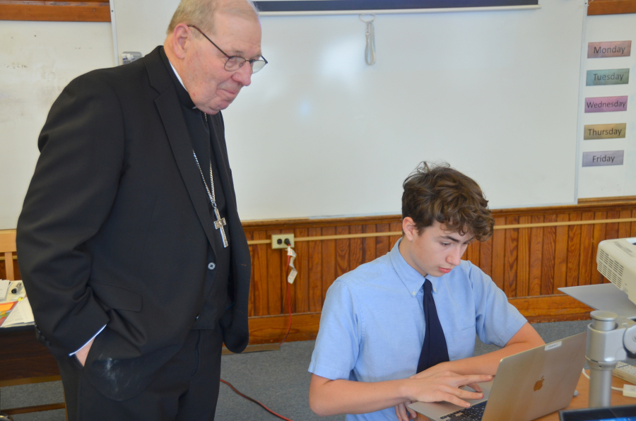 Bishop Deeley visits All Saints Catholic School in Bangor during Maine Catholic Schools Week. 