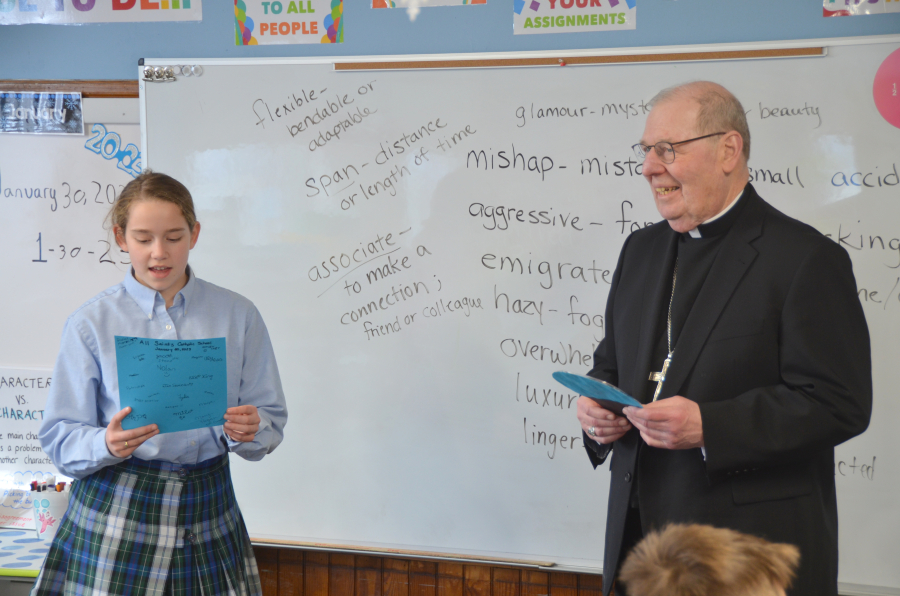 Bishop Deeley visits All Saints Catholic School in Bangor during Maine Catholic Schools Week. 