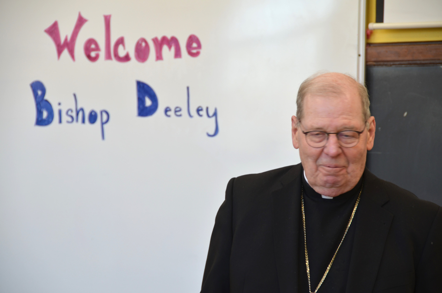 Bishop Deeley Visits Holy Cross School in South Portland 