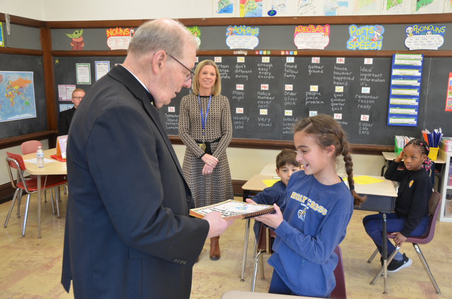 Bishop Deeley Visits Holy Cross School in South Portland 