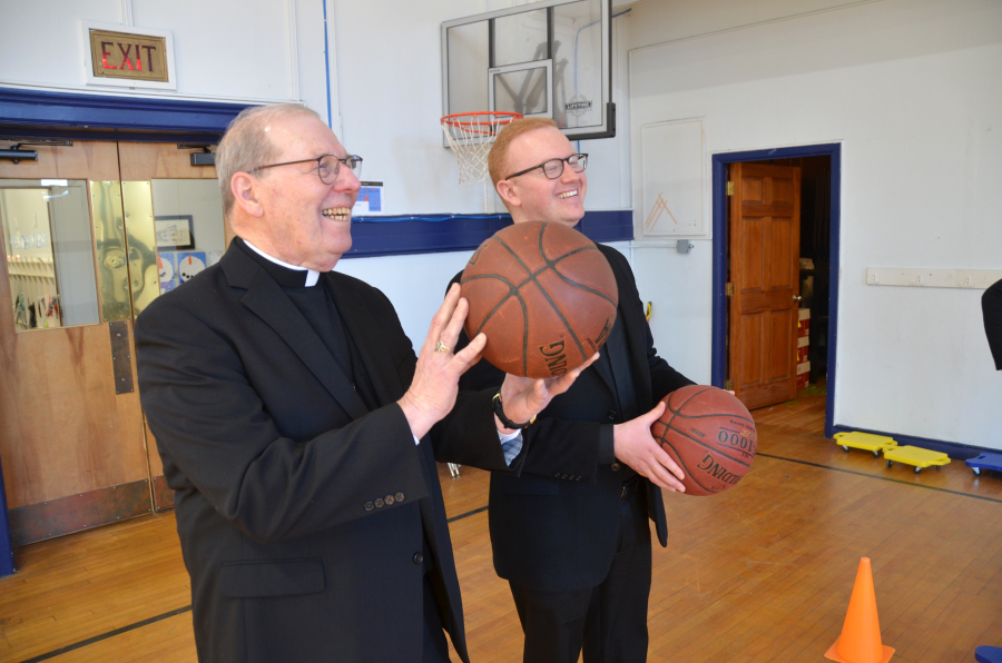 Bishop Deeley Visits Holy Cross School in South Portland 