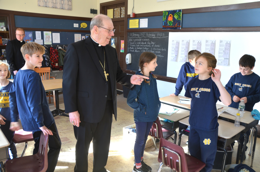 Bishop Deeley Visits Holy Cross School in South Portland 