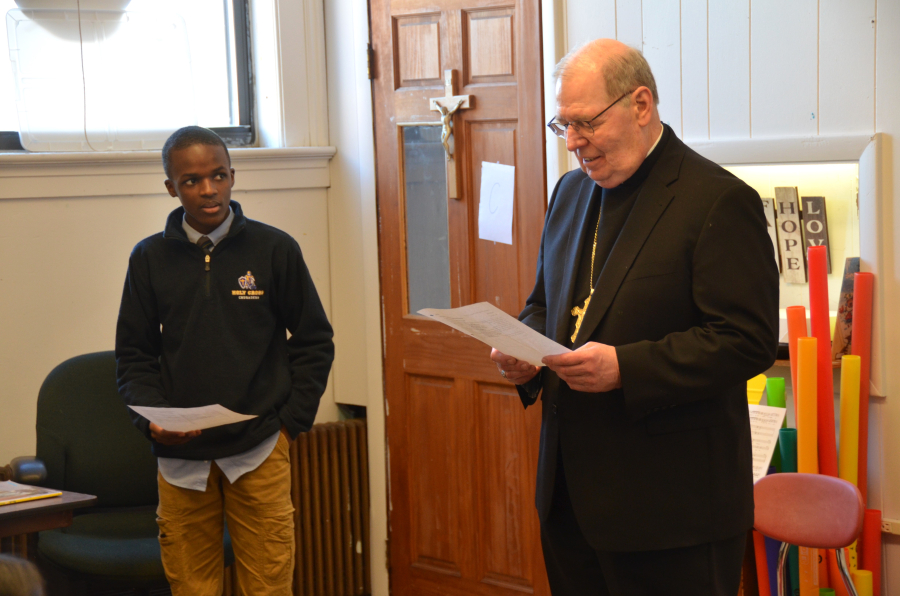 Bishop Deeley Visits Holy Cross School in South Portland 