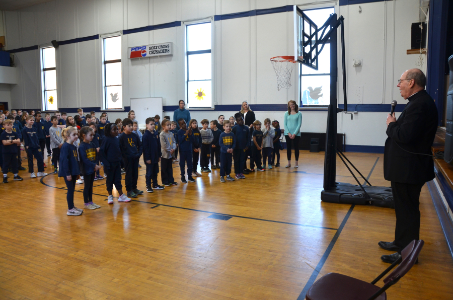 Bishop Deeley Visits Holy Cross School in South Portland 