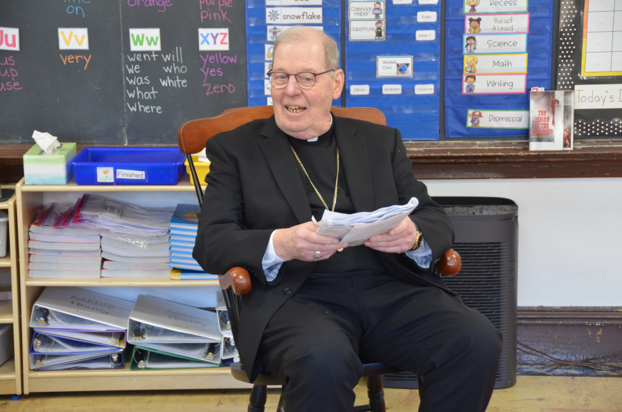 Bishop Deeley Visits Holy Cross School in South Portland 