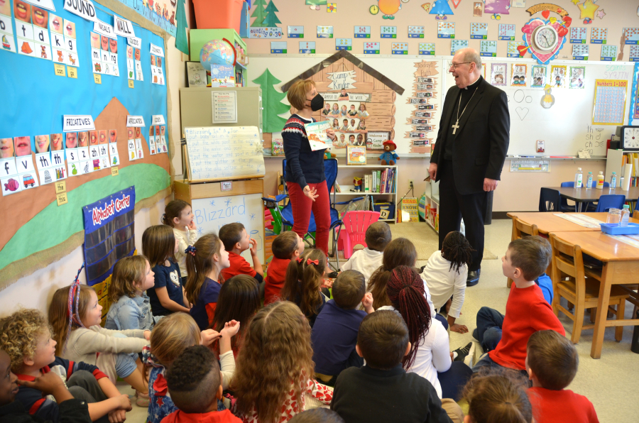 Bishop Deeley visits St. Dom's Lewiston campus during Maine Catholic Schools Week. 