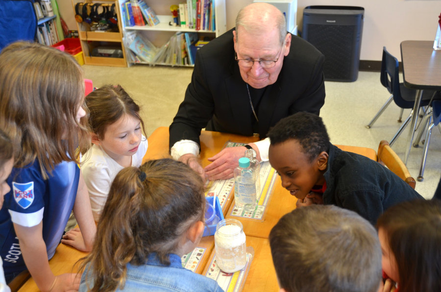 Bishop Deeley visits St. Dom's Lewiston campus during Maine Catholic Schools Week. 