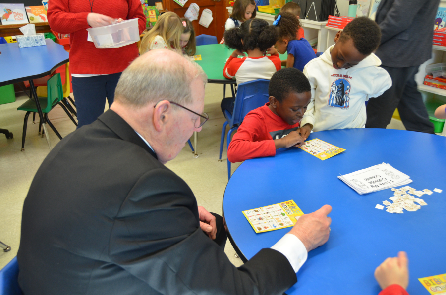 Bishop Deeley visits St. Dom's Lewiston campus during Maine Catholic Schools Week. 