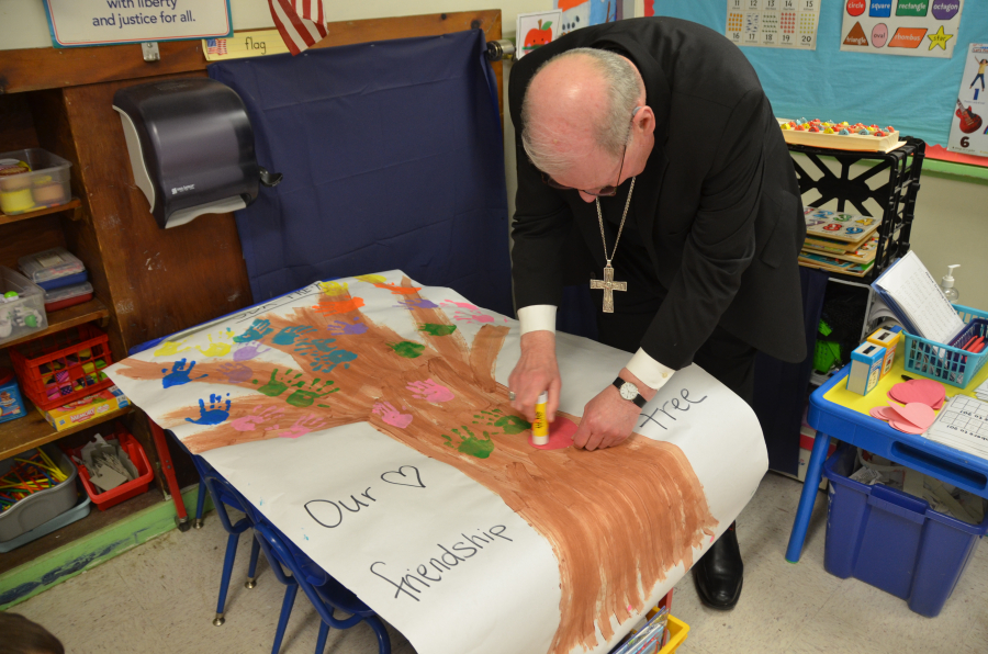 Bishop Deeley visits St. Dom's Lewiston campus during Maine Catholic Schools Week. 