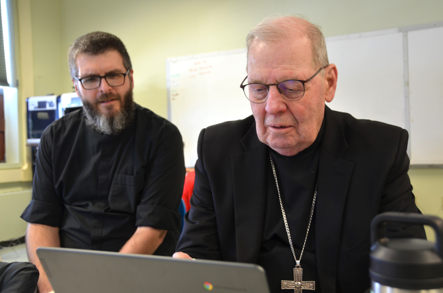 Bishop Deeley visits St. Dom's Lewiston campus during Maine Catholic Schools Week. 