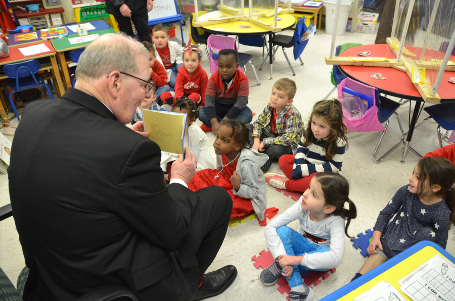 Bishop Deeley visits St. Dom's Lewiston campus during Maine Catholic Schools Week. 