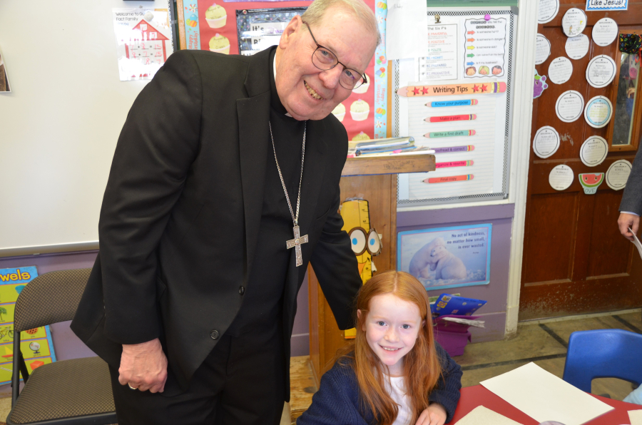 Bishop Deeley visits St. Dom's Lewiston campus during Maine Catholic Schools Week. 