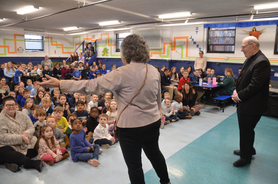 Bishop Deeley visits St. James School in Biddeford. 