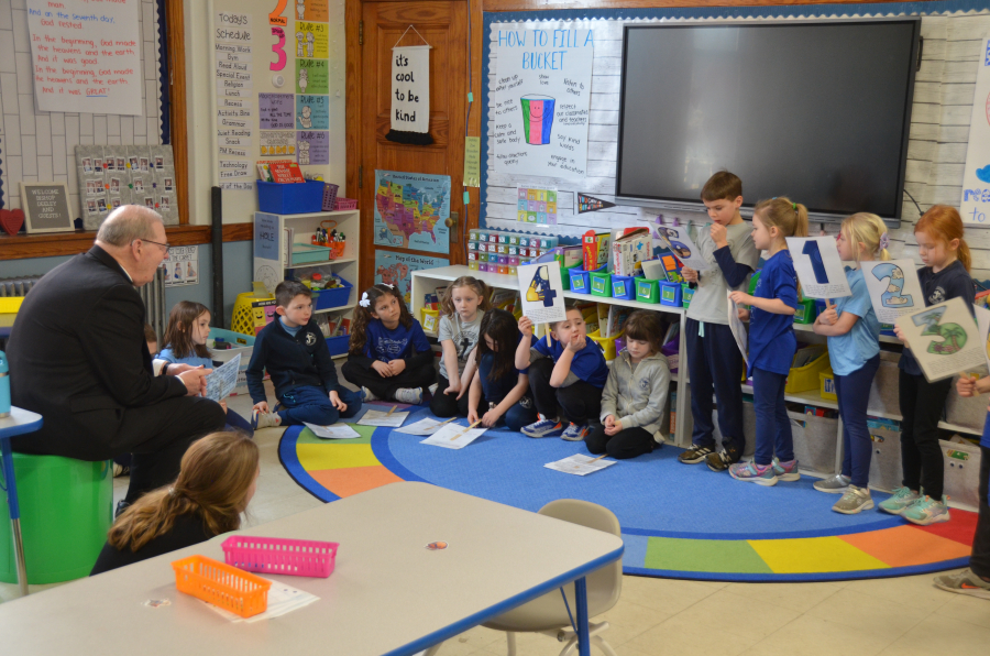 Bishop Deeley visits St. James School in Biddeford. 