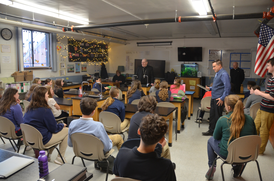 Bishop Deeley visits St. James School in Biddeford. 