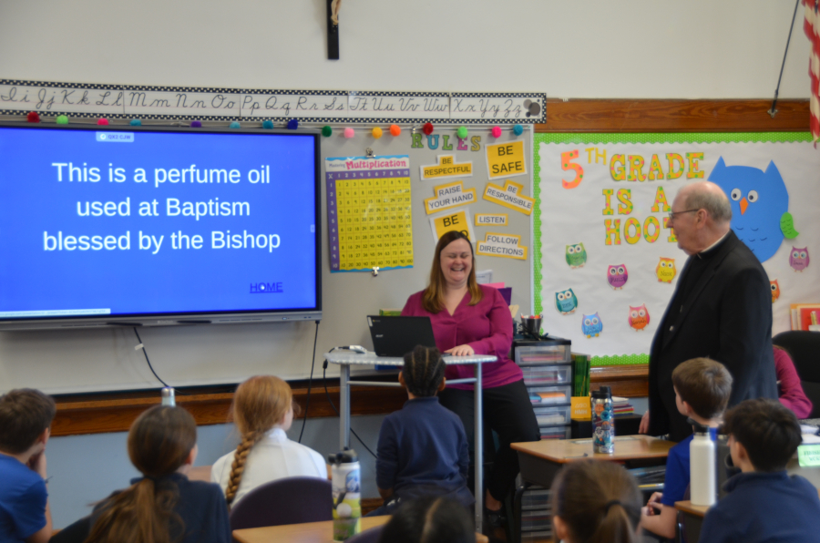 Bishop Deeley visits St. James School in Biddeford. 