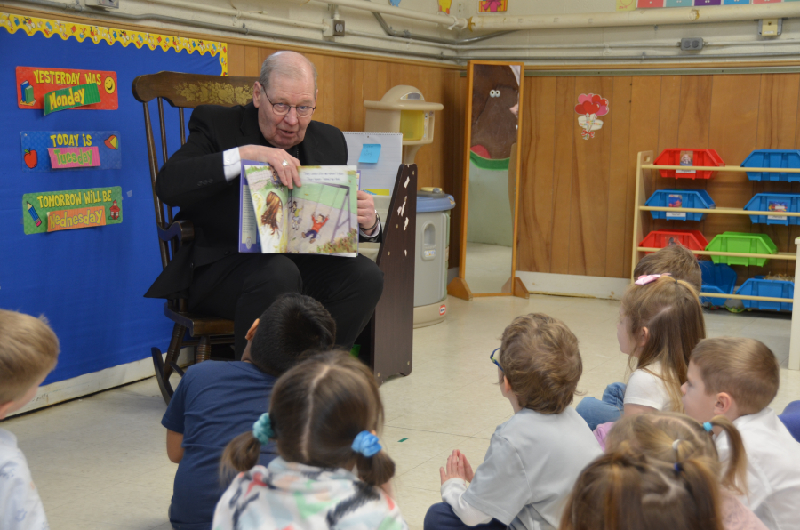 Bishop Deeley visits St. James School in Biddeford. 