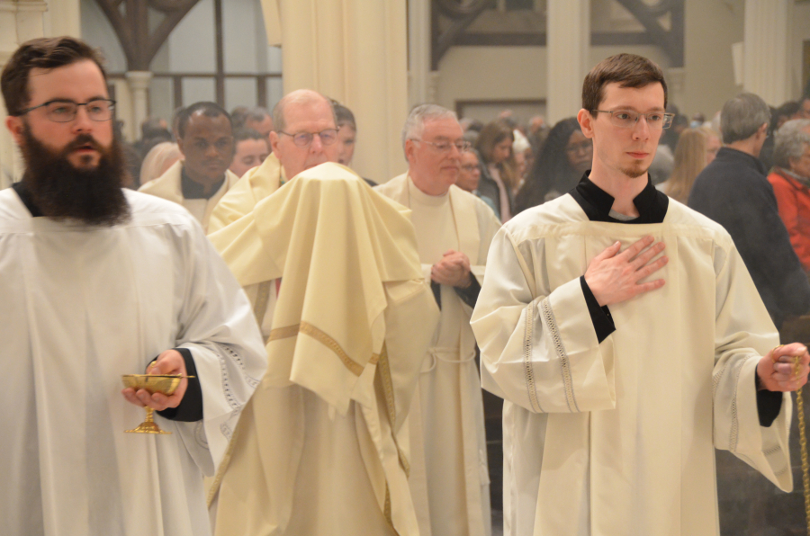 Bishop Deeley celebrates Mass on Holy Thursday in Portland. 