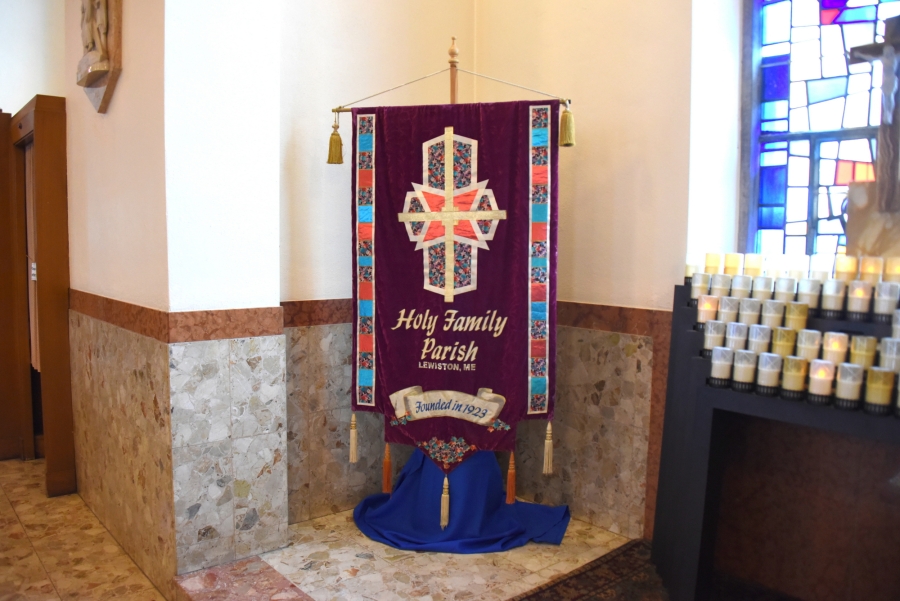 Anniversary banner at Holy Family Church in Lewiston.