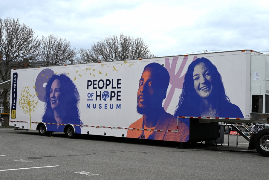 The tractor trailer containing the exhibit.