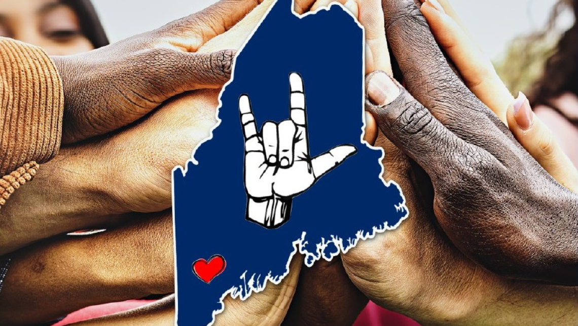State of Maine with hands behind it