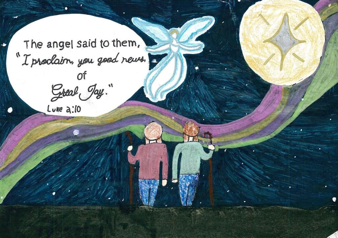 drawing of two people looking at the sky and an angel