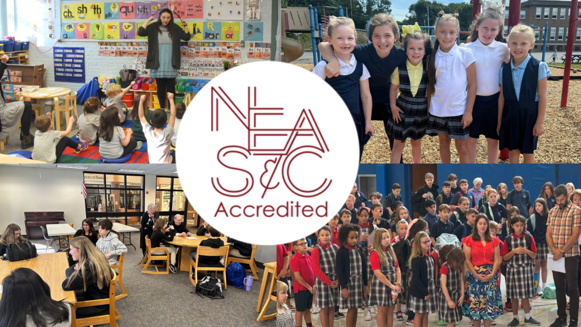 Maine Catholic school students and NEASC logo 