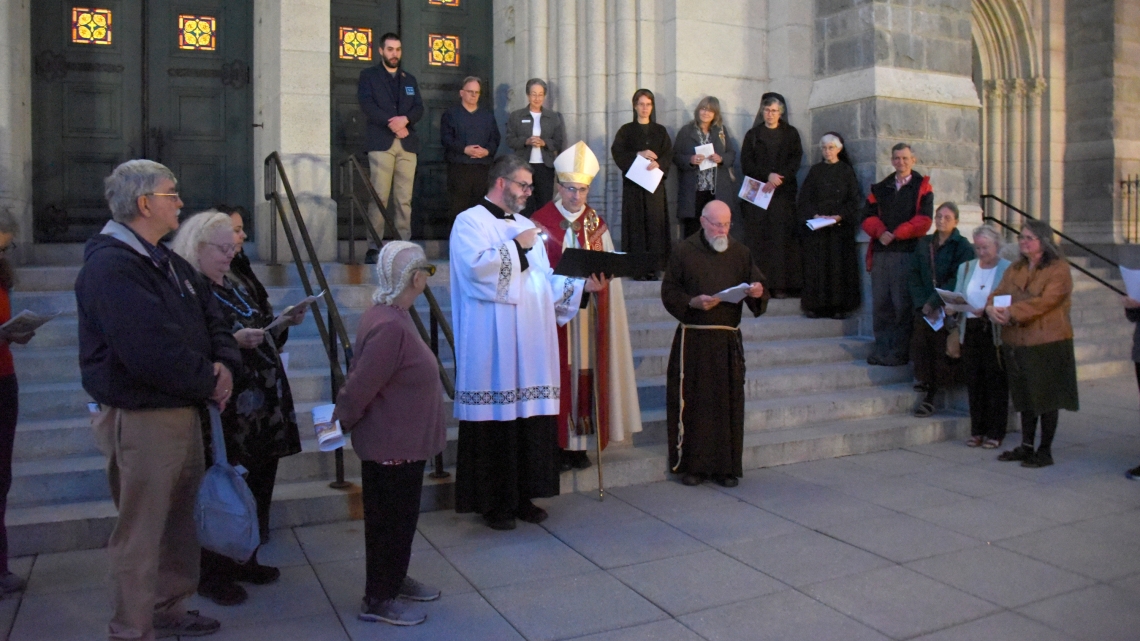 Bishop James Ruggieri and the faithful outside the Basilica of Ss. Peter & Paul for the blessing of the city.