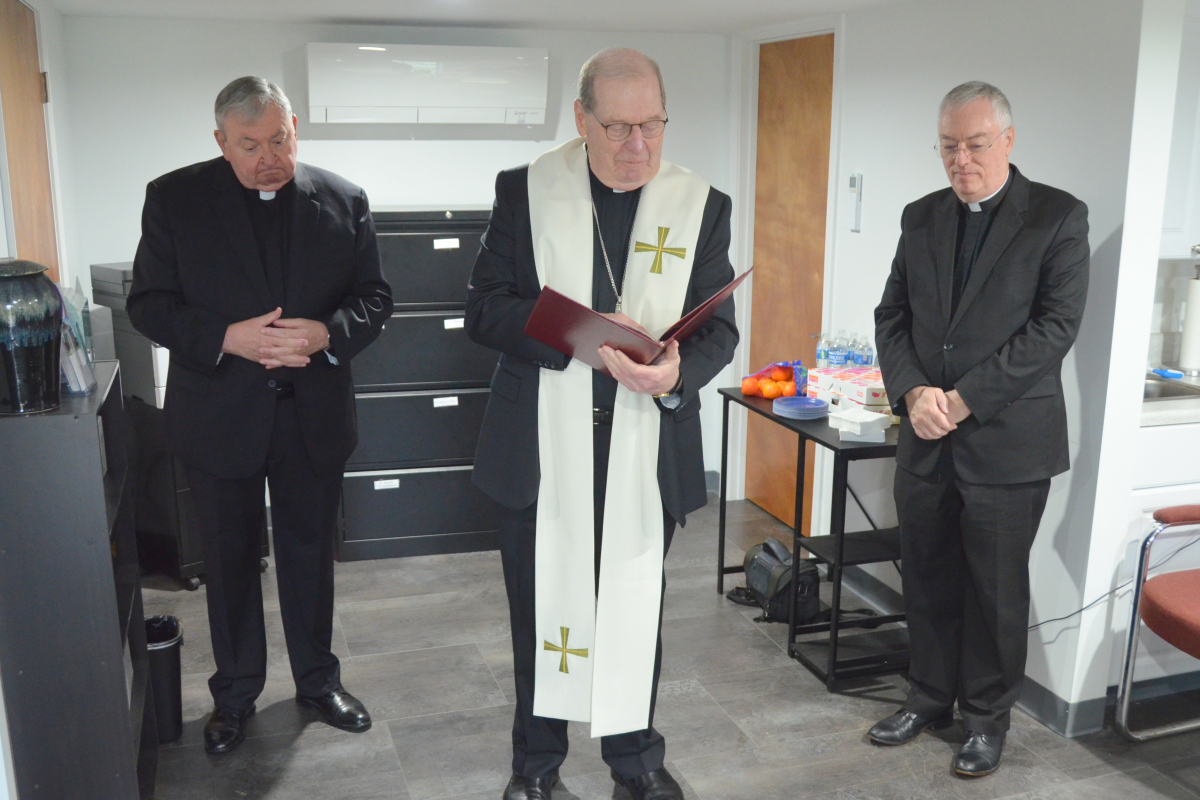 Bishop Deeley blesses new office at St. Joseph Cemetery in Biddeford