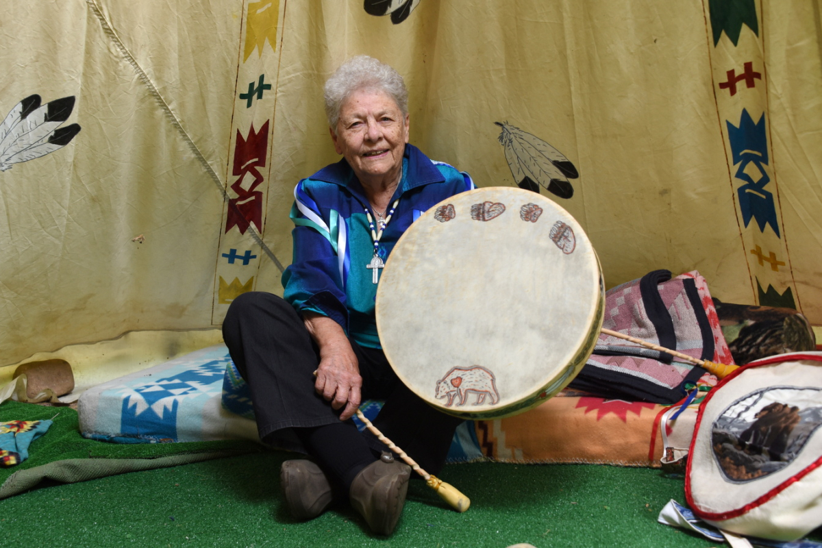 Sister Bernadette Gautreau in her teepee