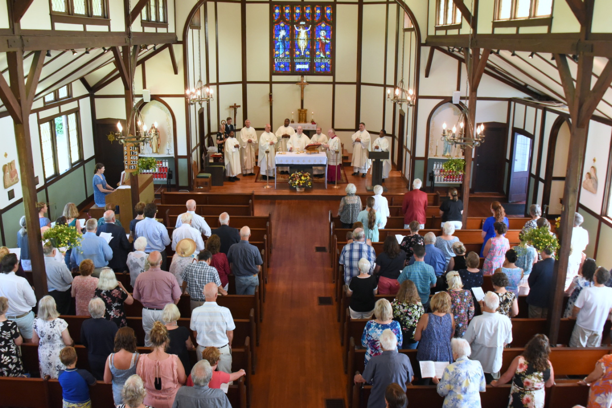 Wide shot of church from balcony