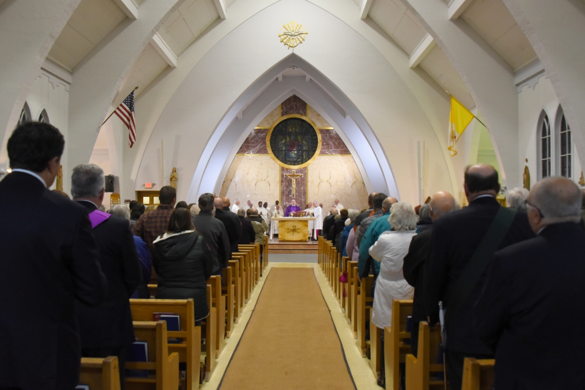 Wide shot from the back of the church