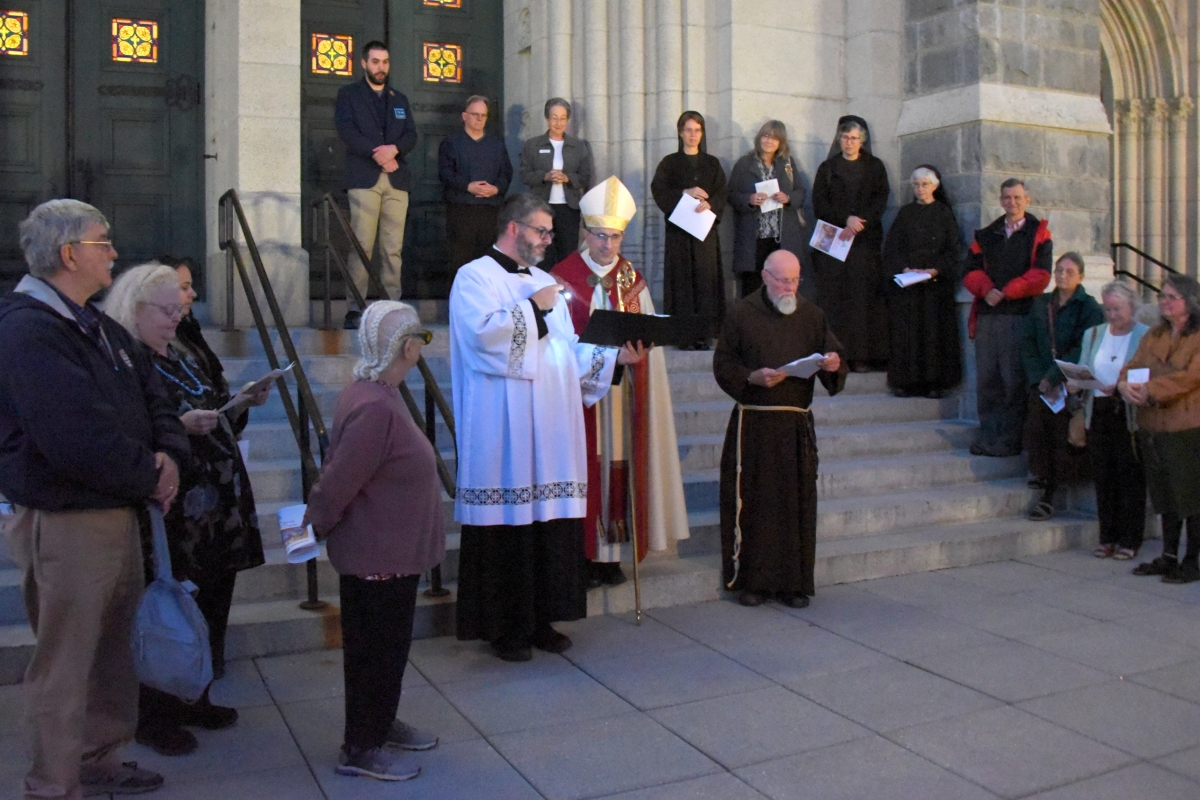 Bishop James Ruggieri and the faithful outside the Basilica of Ss. Peter & Paul for the blessing of the city.