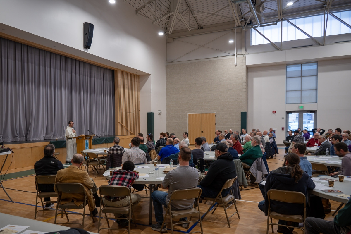 Fr. Sebastian White addresses the crowd at the Maine Catholic Men's Conference.